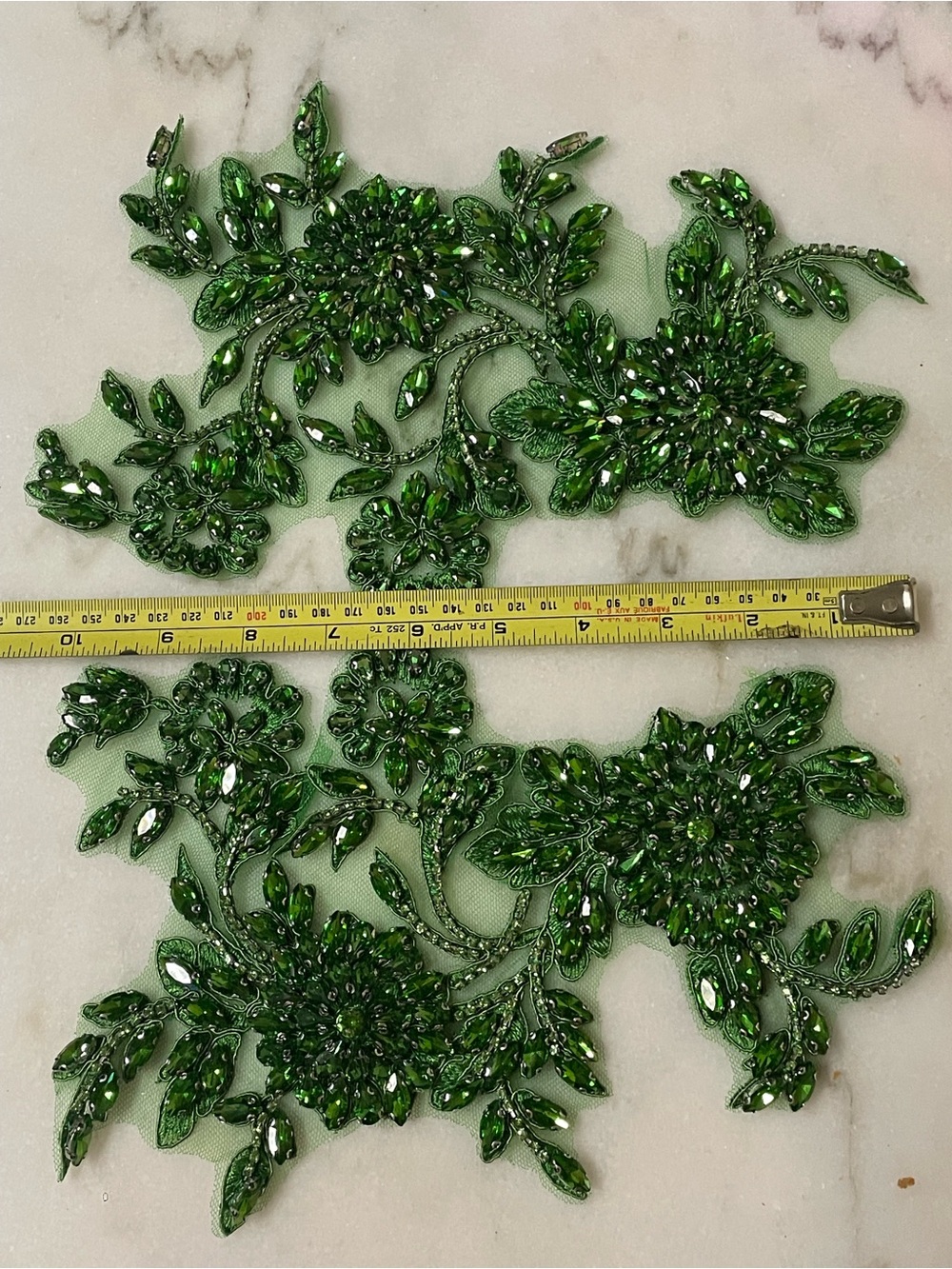 Brand new Beaded Lace Applique Pair with Claw Rhinestones, Hand-Embroidered